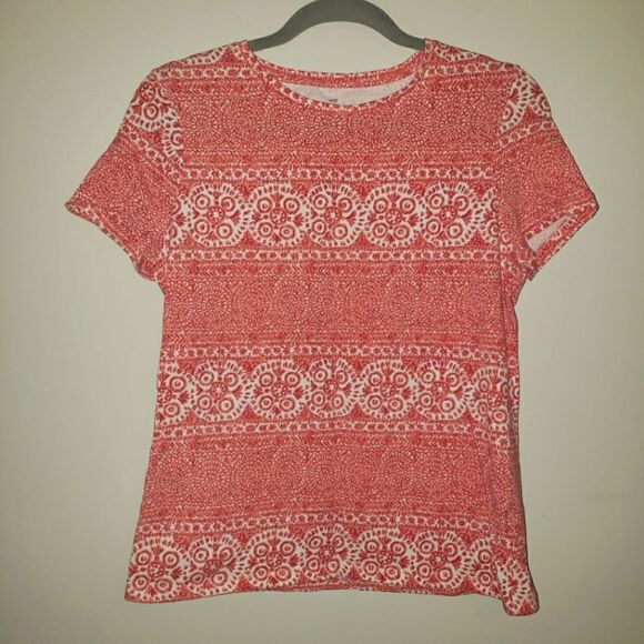 TALBOTS CORAL AND WHITE PRINT TEE SIZE PETITE SMALL - Picture 1 of 4